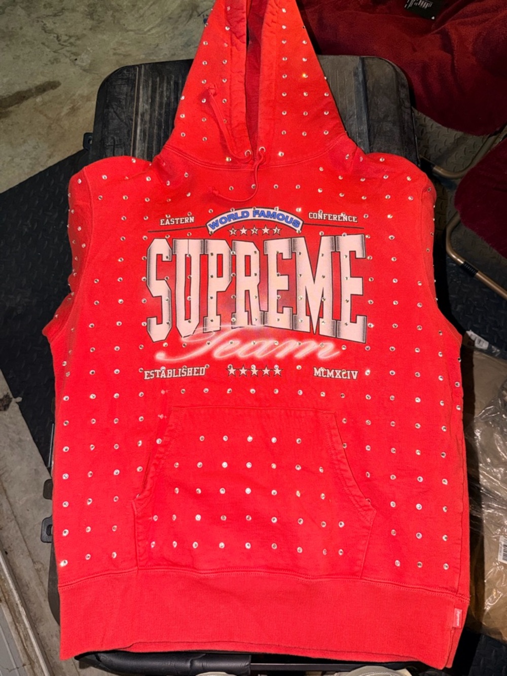 Supreme Red Studded Sleeveless Hoodie with Bold Chest Logo